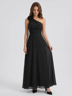 Black Chiffon A-Line One Shoulder Back Zip Floor-Length Ruffle Bridesmaid Dress - Curvevia