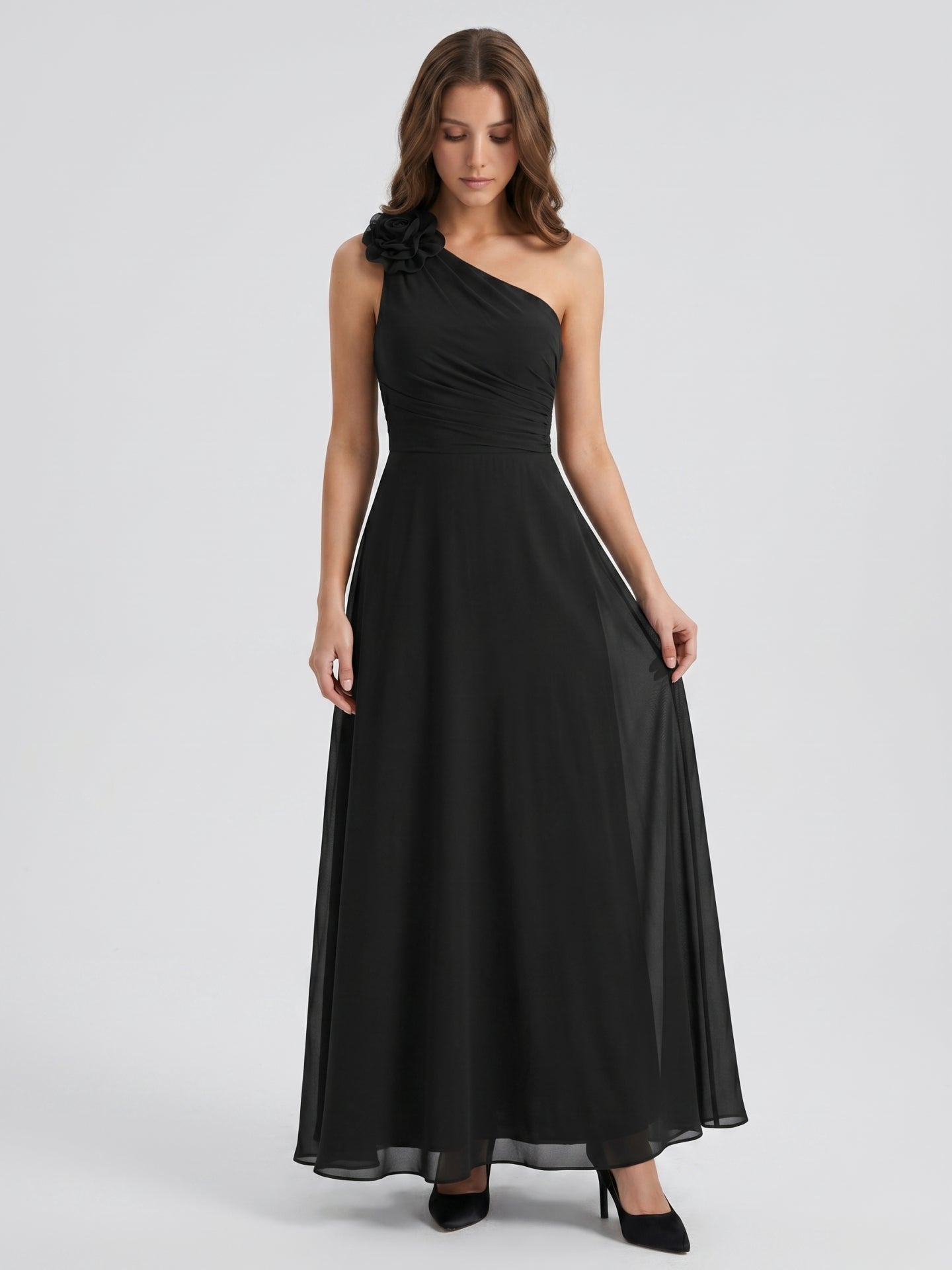 Black Chiffon A-Line One Shoulder Back Zip Floor-Length Ruffle Bridesmaid Dress - Curvevia