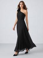 Black Chiffon A-Line One Shoulder Back Zip Floor-Length Ruffle Bridesmaid Dress - Curvevia