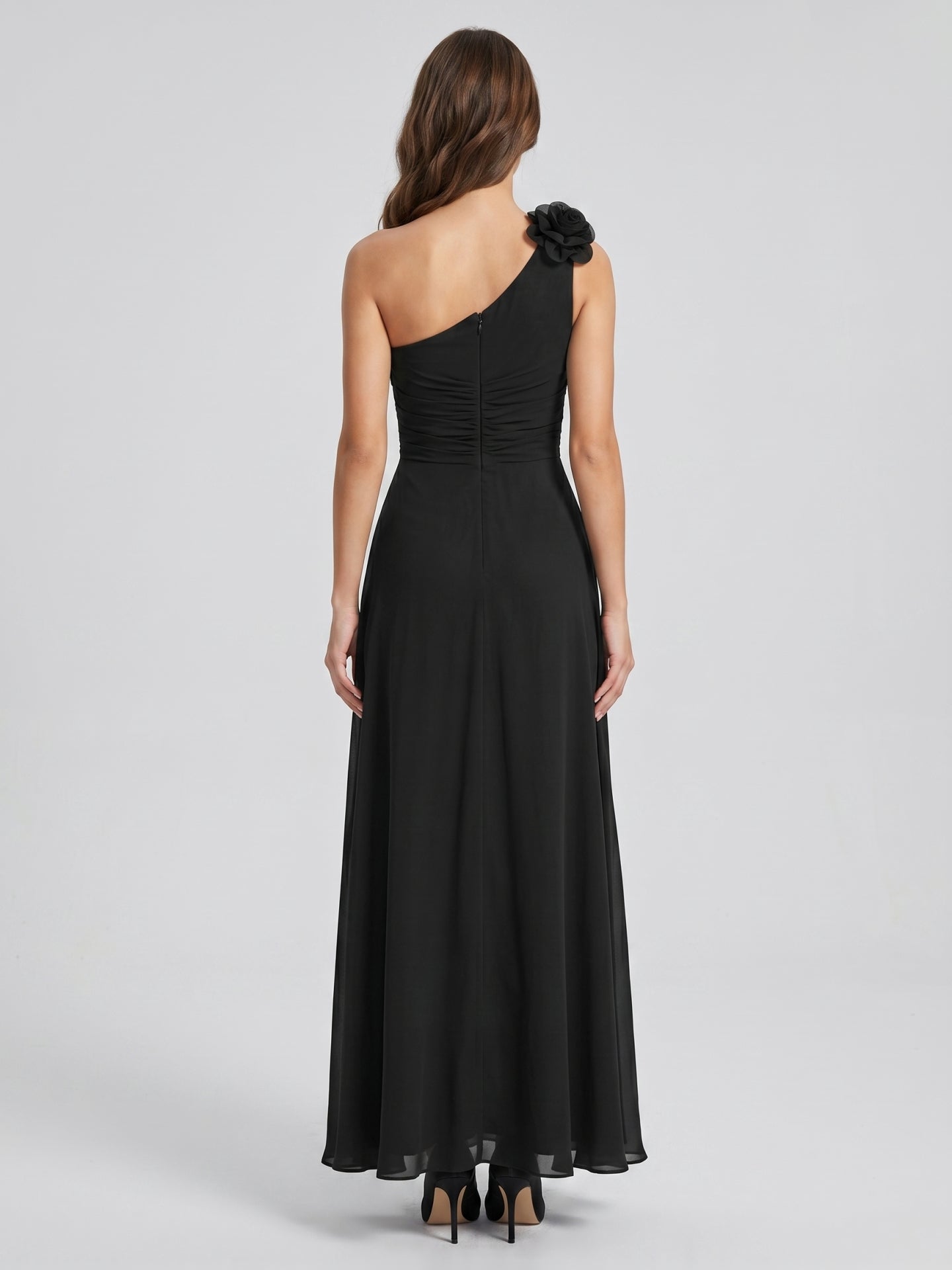 Black Chiffon A-Line One Shoulder Back Zip Floor-Length Ruffle Bridesmaid Dress - Curvevia