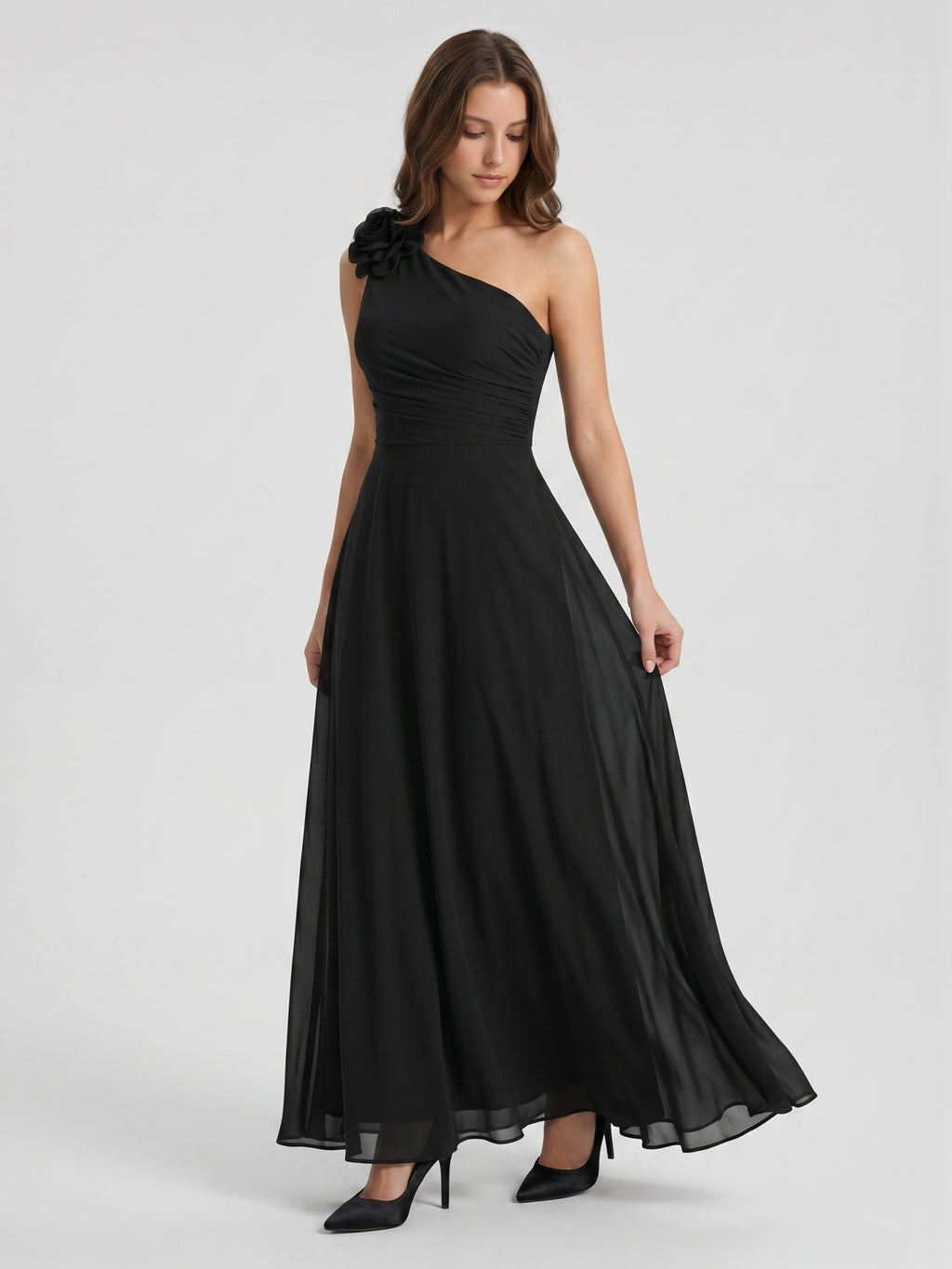 Black Chiffon A-Line One Shoulder Back Zip Floor-Length Ruffle Bridesmaid Dress - Curvevia