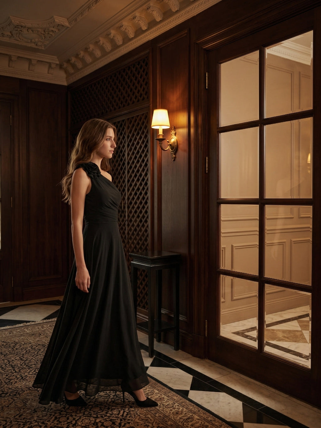 Black Chiffon A-Line One Shoulder Back Zip Floor-Length Ruffle Bridesmaid Dress - Curvevia