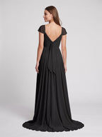 Black Chiffon A-Line Square Neck Backless Floor-Length Prom Dress - Curvevia