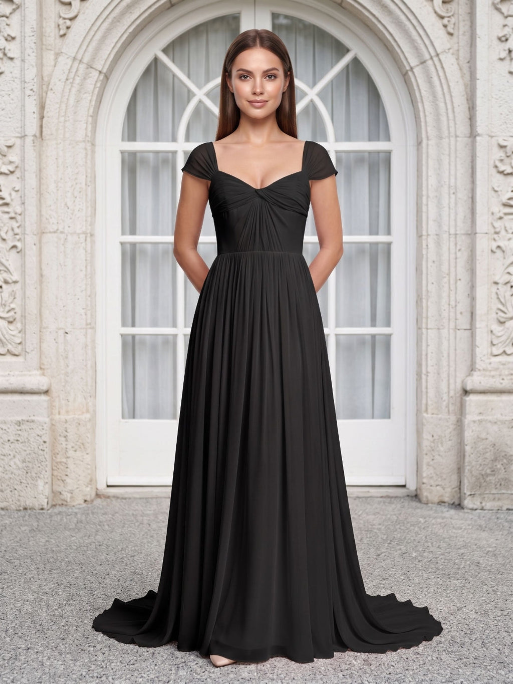 Black Chiffon A-Line Square Neck Backless Floor-Length Prom Dress - Curvevia