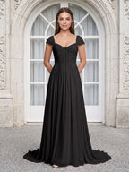 Black Chiffon A-Line Square Neck Backless Floor-Length Prom Dress - Curvevia