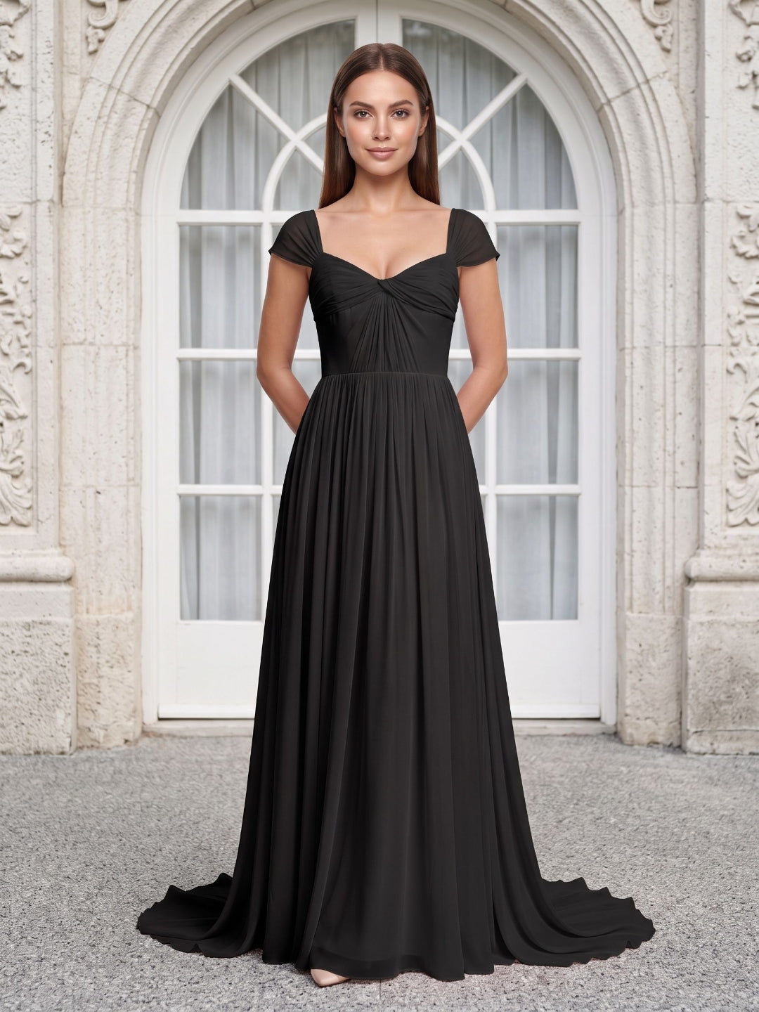 Black Chiffon A-Line Square Neck Backless Floor-Length Prom Dress - Curvevia