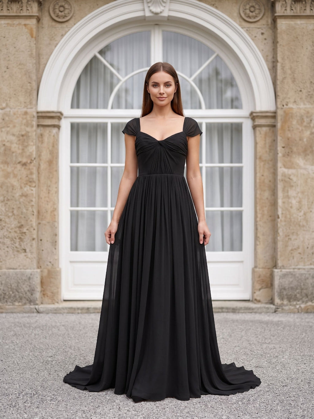 Black Chiffon A-Line Square Neck Backless Floor-Length Prom Dress - Curvevia