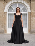 Black Chiffon A-Line Square Neck Backless Floor-Length Prom Dress - Curvevia