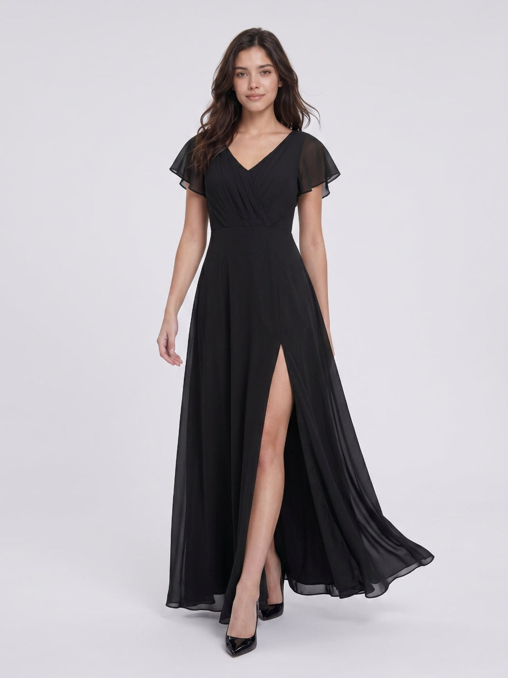 Black Chiffon A-Line V-Neck Back Zip Floor-Length Bridesmaid Dress with Pleating - Curvevia