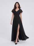 Black Chiffon A-Line V-Neck Back Zip Floor-Length Bridesmaid Dress with Pleating - Curvevia