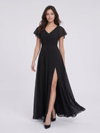 Black Chiffon A-Line V-Neck Back Zip Floor-Length Bridesmaid Dress with Pleating - Curvevia