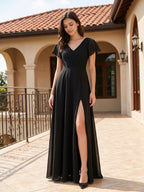 Black Chiffon A-Line V-Neck Back Zip Floor-Length Bridesmaid Dress with Pleating - Curvevia