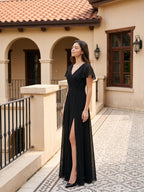 Black Chiffon A-Line V-Neck Back Zip Floor-Length Bridesmaid Dress with Pleating - Curvevia