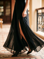 Black Chiffon A-Line V-Neck Back Zip Floor-Length Bridesmaid Dress with Pleating - Curvevia