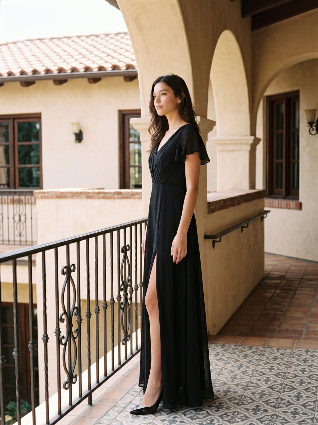 Black Chiffon A-Line V-Neck Back Zip Floor-Length Bridesmaid Dress with Pleating - Curvevia