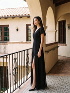 Black Chiffon A-Line V-Neck Back Zip Floor-Length Bridesmaid Dress with Pleating - Curvevia