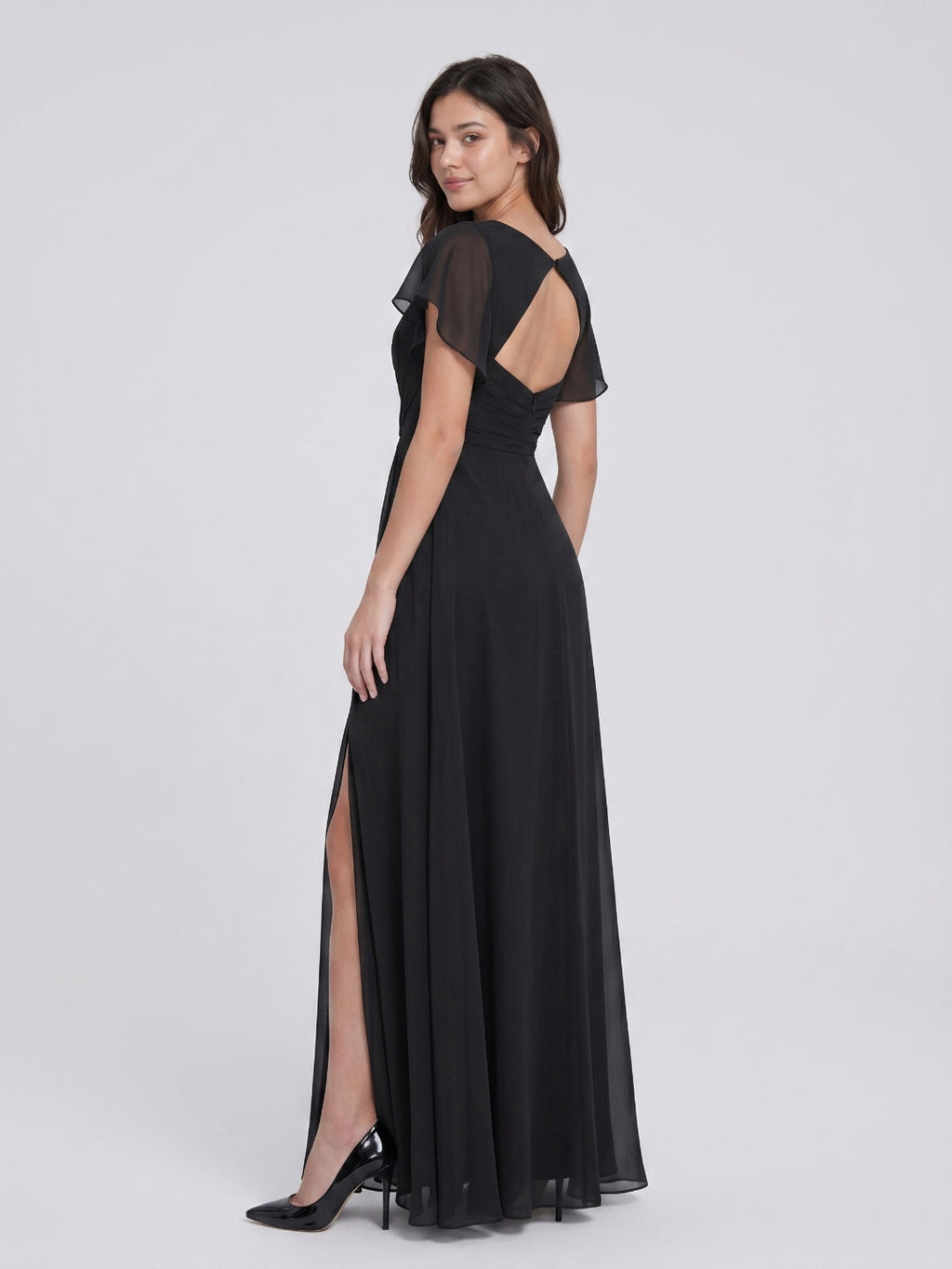 Black Chiffon A-Line V-Neck Back Zip Floor-Length Bridesmaid Dress with Pleating - Curvevia