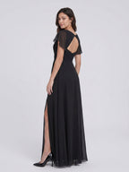 Black Chiffon A-Line V-Neck Back Zip Floor-Length Bridesmaid Dress with Pleating - Curvevia