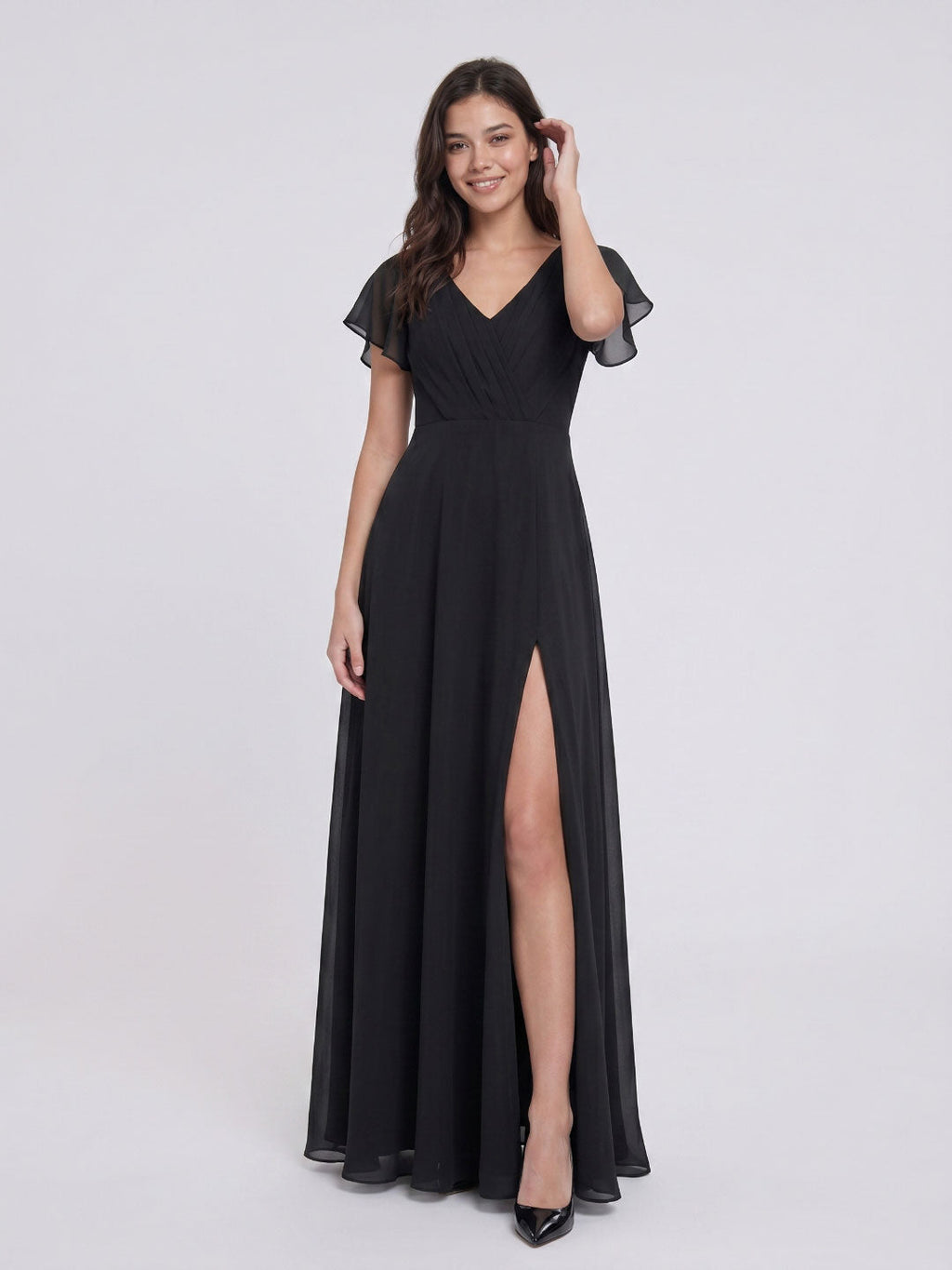 Black Chiffon A-Line V-Neck Back Zip Floor-Length Bridesmaid Dress with Pleating - Curvevia