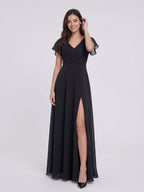 Black Chiffon A-Line V-Neck Back Zip Floor-Length Bridesmaid Dress with Pleating - Curvevia