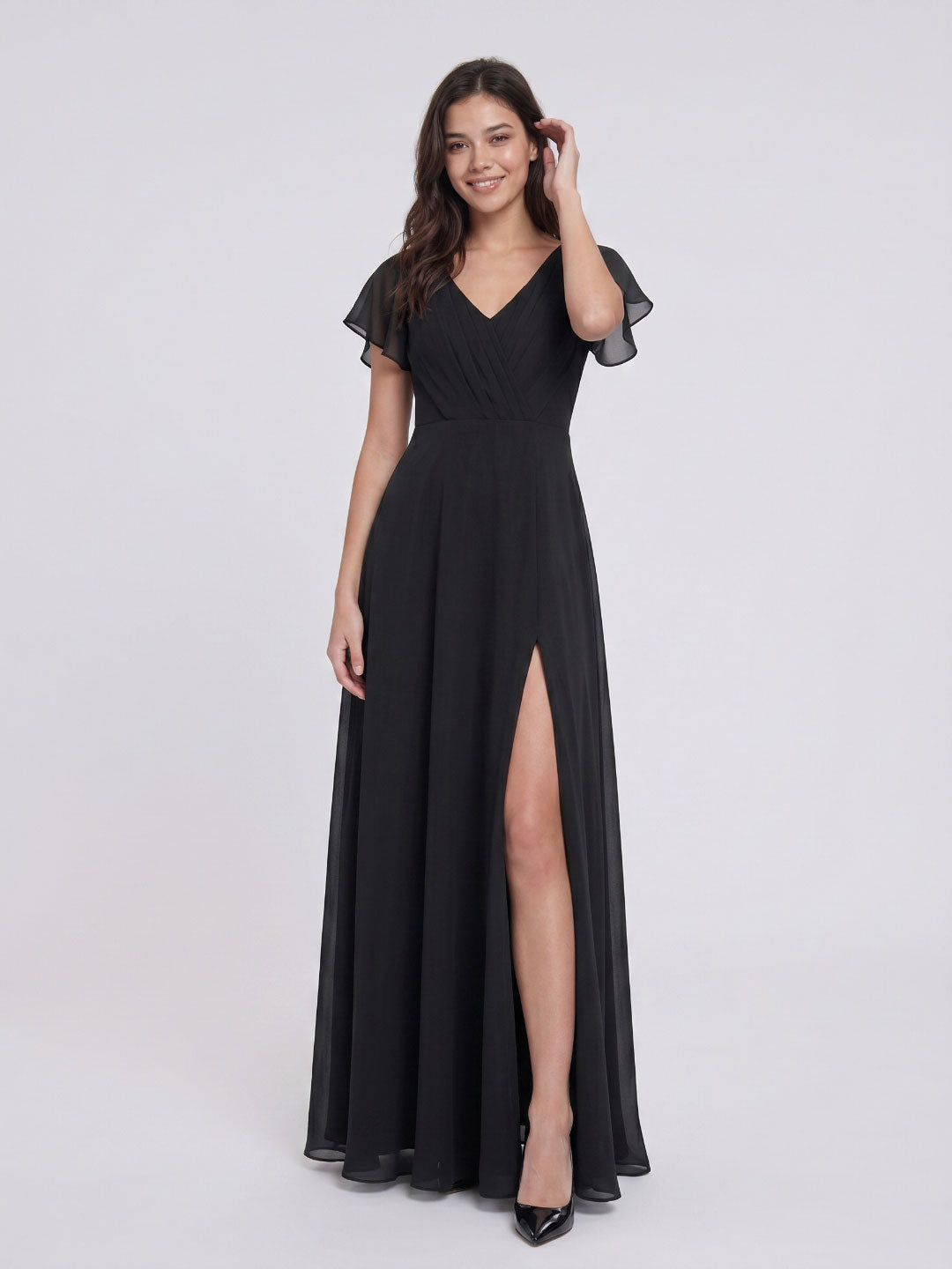 Black Chiffon A-Line V-Neck Back Zip Floor-Length Bridesmaid Dress with Pleating - Curvevia