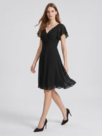 Black Chiffon A-Line V-Neck Back Zip Knee-Length Pleated Bridesmaid Dress - Curvevia