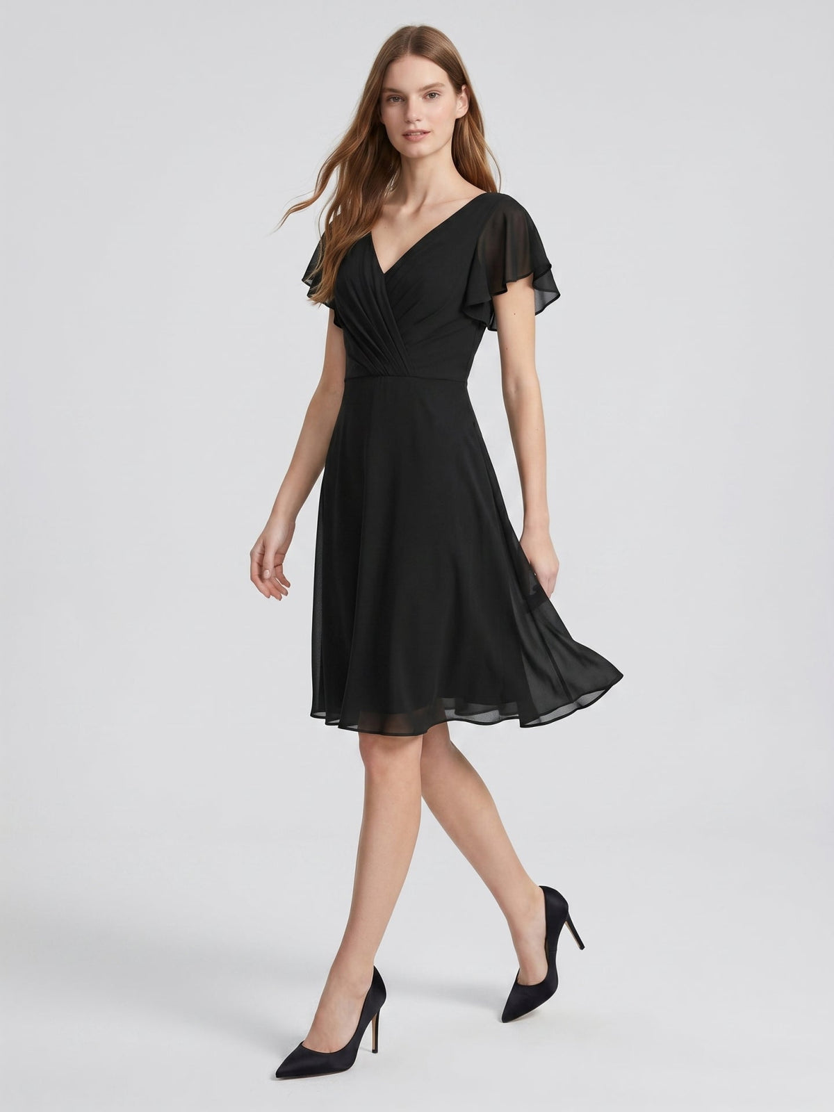 Black Chiffon A-Line V-Neck Back Zip Knee-Length Pleated Bridesmaid Dress - Curvevia