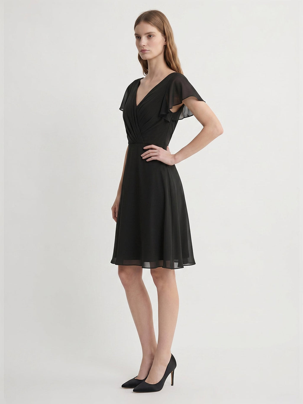 Black Chiffon A-Line V-Neck Back Zip Knee-Length Pleated Bridesmaid Dress - Curvevia