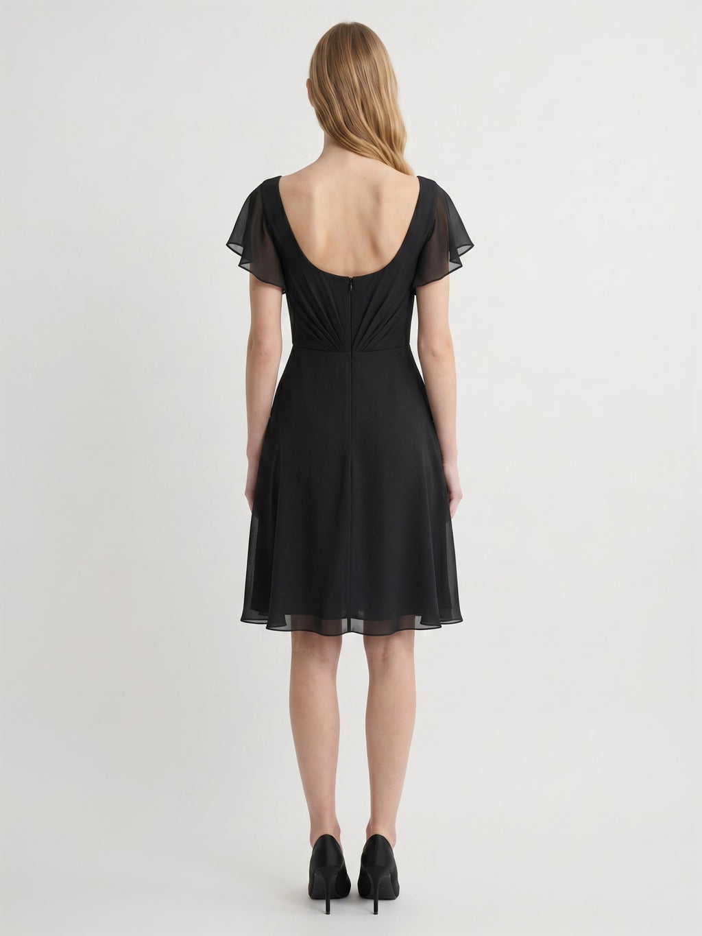 Black Chiffon A-Line V-Neck Back Zip Knee-Length Pleated Bridesmaid Dress - Curvevia