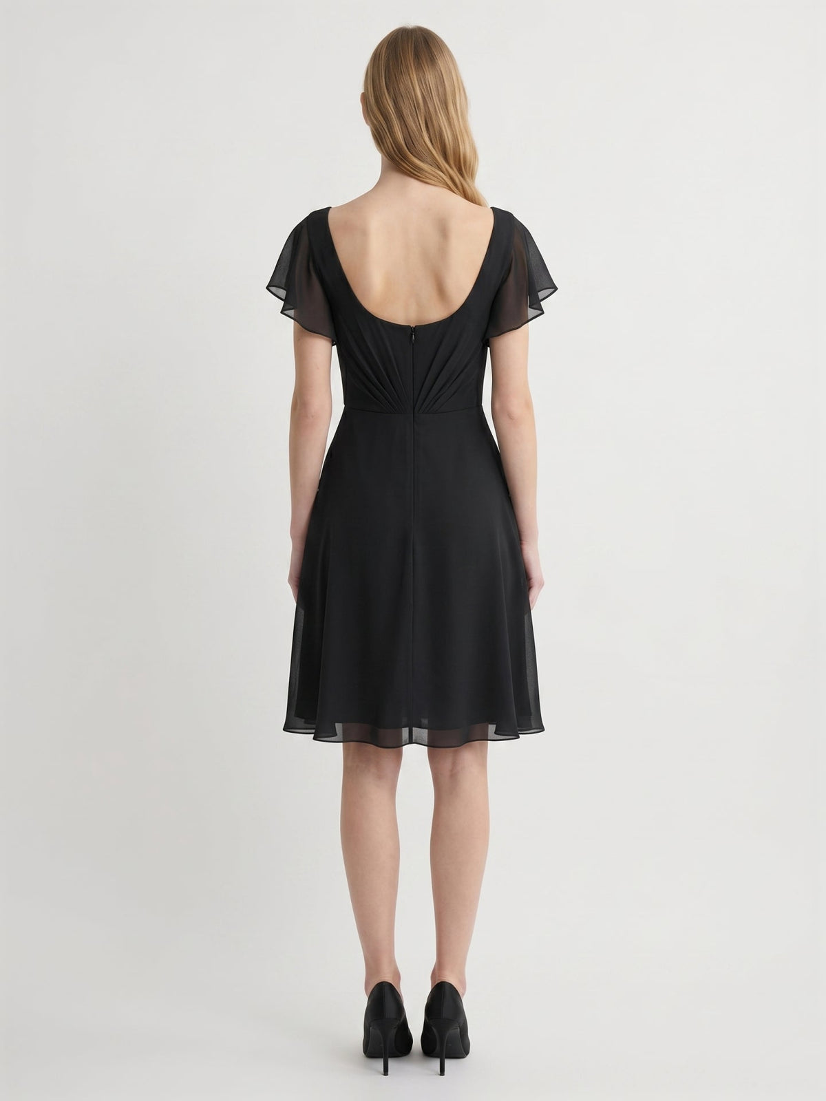 Black Chiffon A-Line V-Neck Back Zip Knee-Length Pleated Bridesmaid Dress - Curvevia