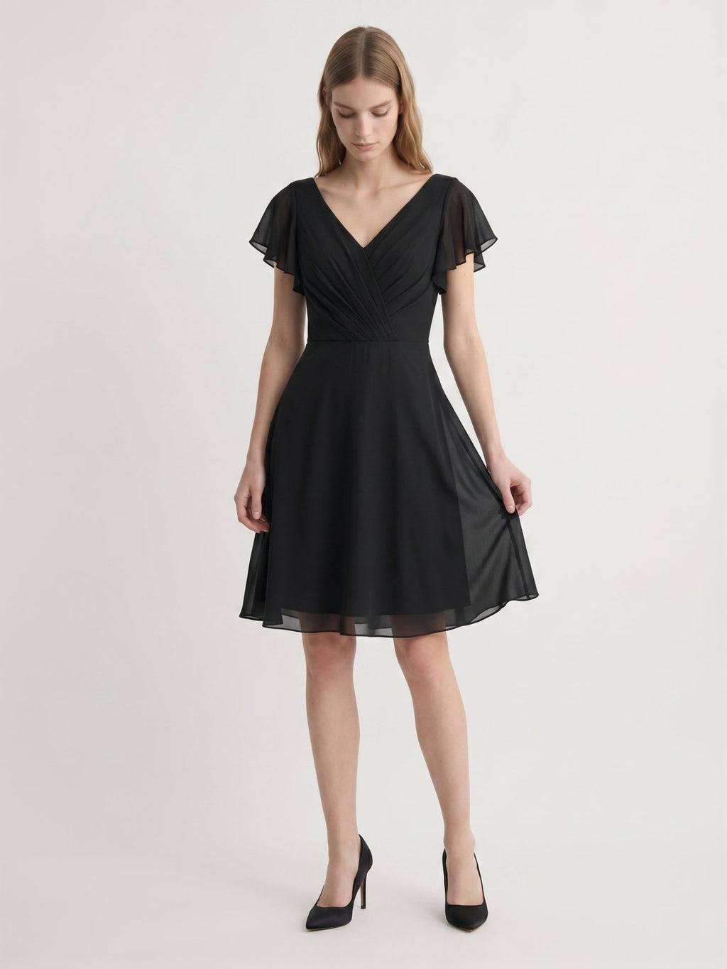 Black Chiffon A-Line V-Neck Back Zip Knee-Length Pleated Bridesmaid Dress - Curvevia