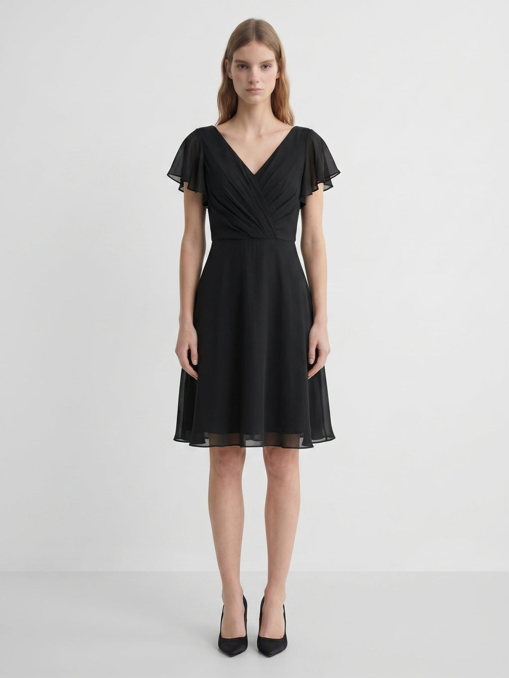 Black Chiffon A-Line V-Neck Back Zip Knee-Length Pleated Bridesmaid Dress - Curvevia