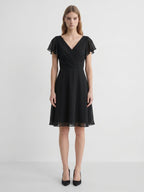 Black Chiffon A-Line V-Neck Back Zip Knee-Length Pleated Bridesmaid Dress - Curvevia