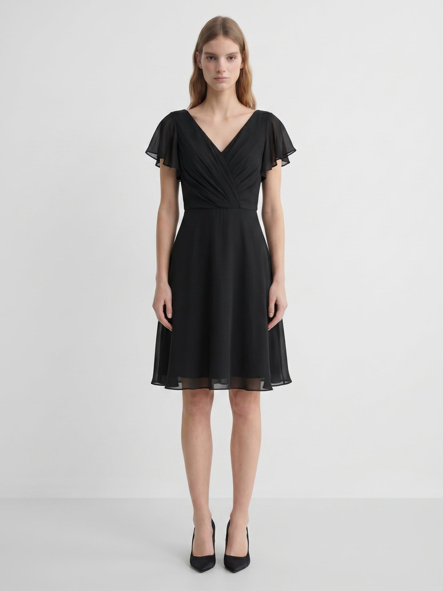 Black Chiffon A-Line V-Neck Back Zip Knee-Length Pleated Bridesmaid Dress - Curvevia