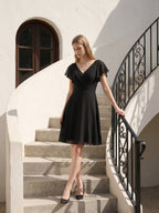 Black Chiffon A-Line V-Neck Back Zip Knee-Length Pleated Bridesmaid Dress - Curvevia