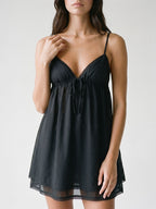 Black Chiffon A-Line V-Neck Backless Short Dress with Pleating - Curvevia