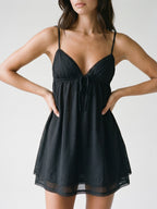 Black Chiffon A-Line V-Neck Backless Short Dress with Pleating - Curvevia
