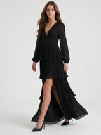 Black Chiffon A-Line V-Neck V-Back Floor-Length Cascading Ruffle Bridesmaid Dress - Curvevia