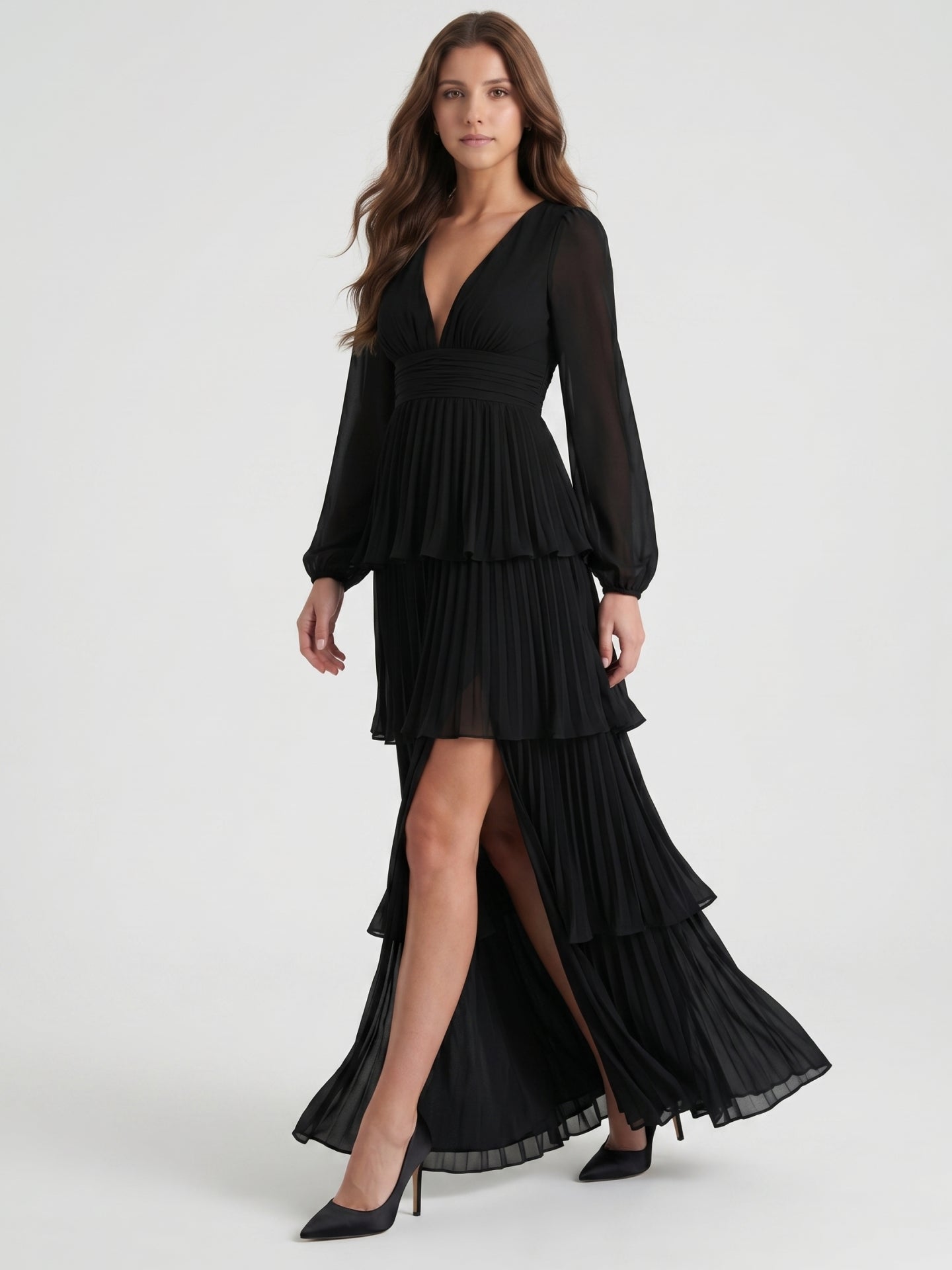 Black Chiffon A-Line V-Neck V-Back Floor-Length Cascading Ruffle Bridesmaid Dress - Curvevia