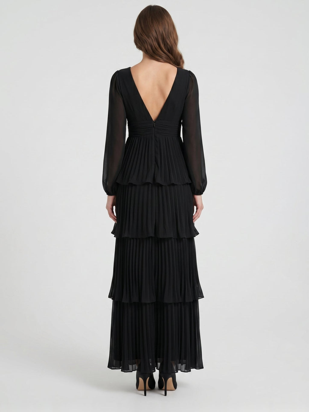 Black Chiffon A-Line V-Neck V-Back Floor-Length Cascading Ruffle Bridesmaid Dress - Curvevia
