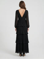 Black Chiffon A-Line V-Neck V-Back Floor-Length Cascading Ruffle Bridesmaid Dress - Curvevia