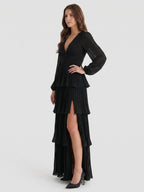 Black Chiffon A-Line V-Neck V-Back Floor-Length Cascading Ruffle Bridesmaid Dress - Curvevia