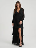 Black Chiffon A-Line V-Neck V-Back Floor-Length Cascading Ruffle Bridesmaid Dress - Curvevia