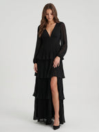 Black Chiffon A-Line V-Neck V-Back Floor-Length Cascading Ruffle Bridesmaid Dress - Curvevia