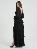Black Chiffon A-Line V-Neck V-Back Floor-Length Cascading Ruffle Bridesmaid Dress - Curvevia