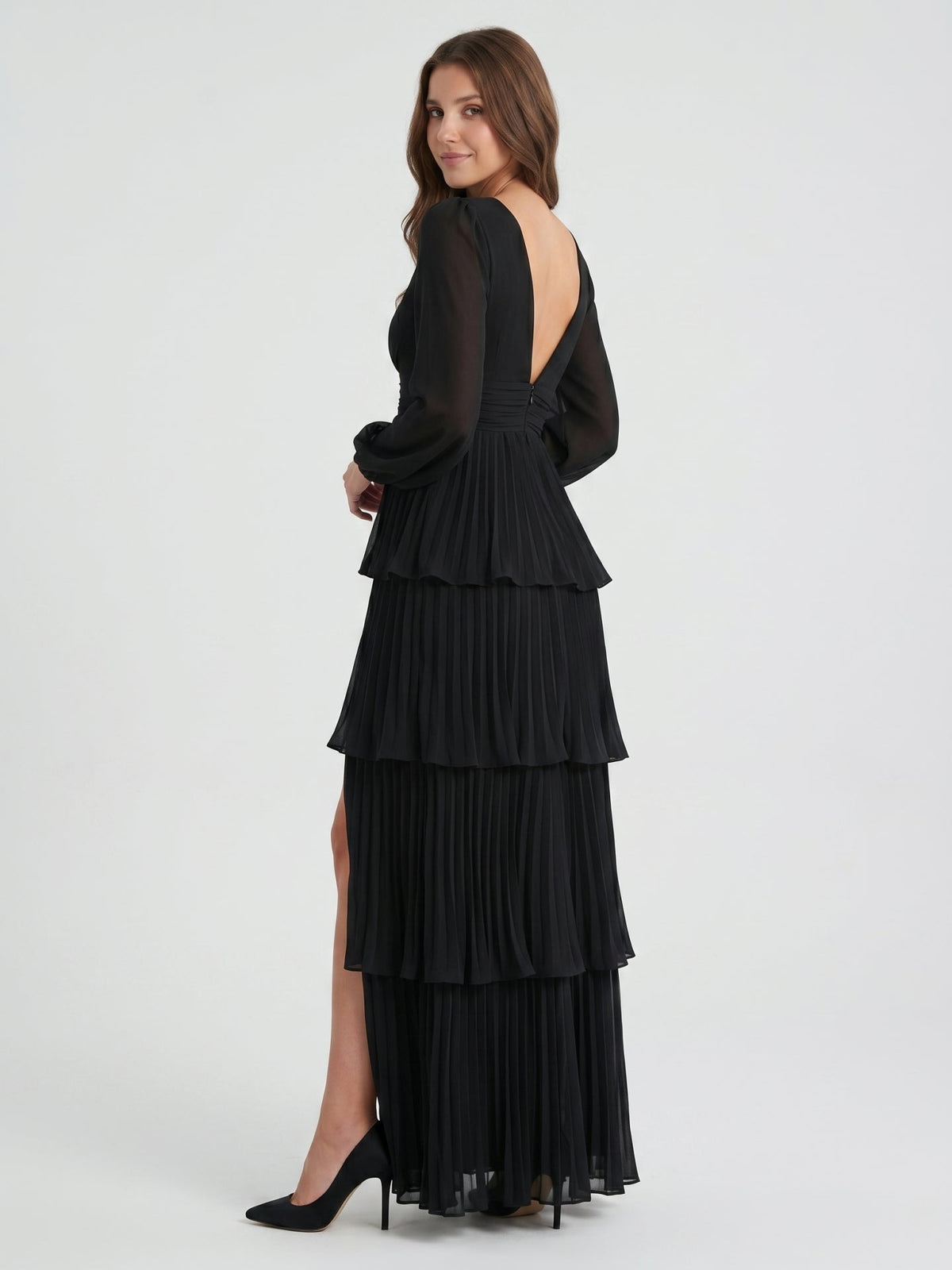 Black Chiffon A-Line V-Neck V-Back Floor-Length Cascading Ruffle Bridesmaid Dress - Curvevia