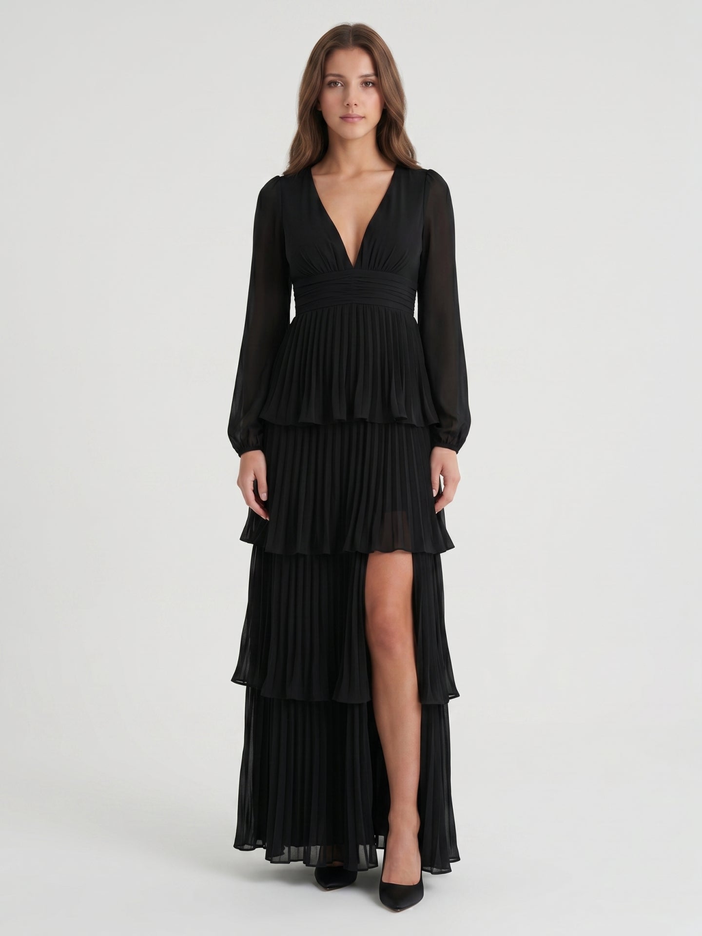 Black Chiffon A-Line V-Neck V-Back Floor-Length Cascading Ruffle Bridesmaid Dress - Curvevia