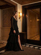 Black Chiffon A-Line V-Neck V-Back Floor-Length Cascading Ruffle Bridesmaid Dress - Curvevia