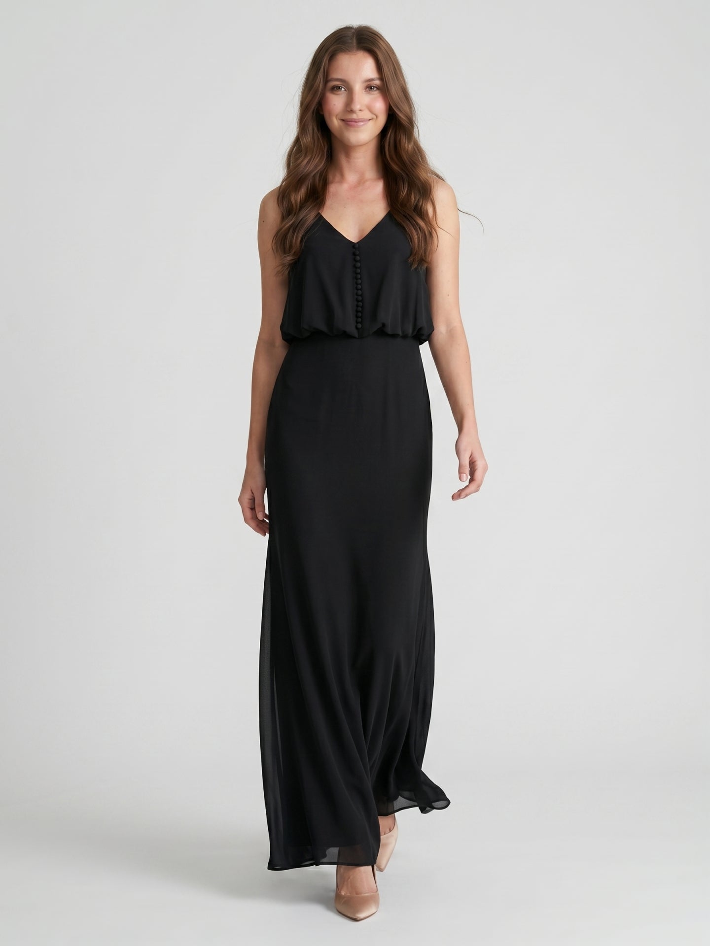 Black Chiffon Column V-Neck V-Back Floor-Length Bridesmaid Dress - Curvevia