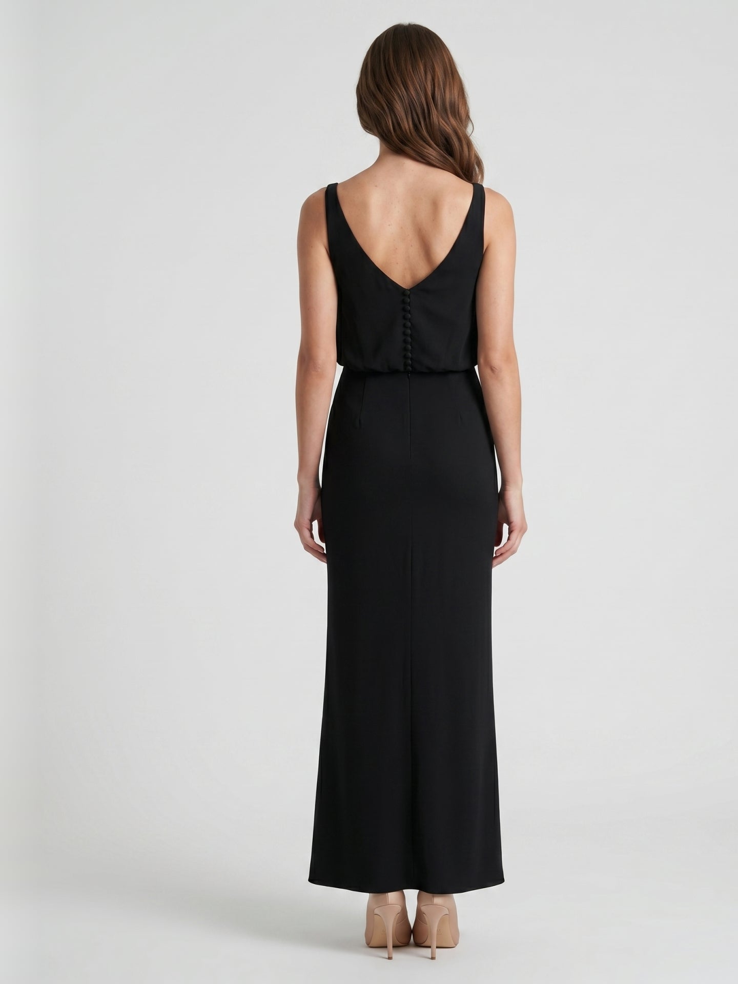 Black Chiffon Column V-Neck V-Back Floor-Length Bridesmaid Dress - Curvevia